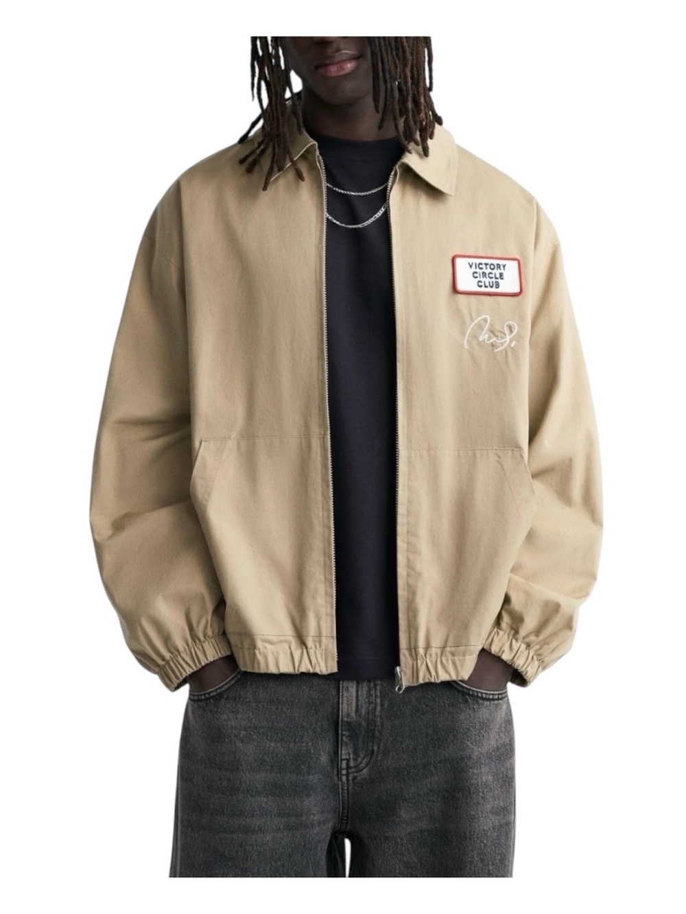 Zara Man Tan Beige Khaki Bomber Jacket with Victory Circle Club Patch Size Small